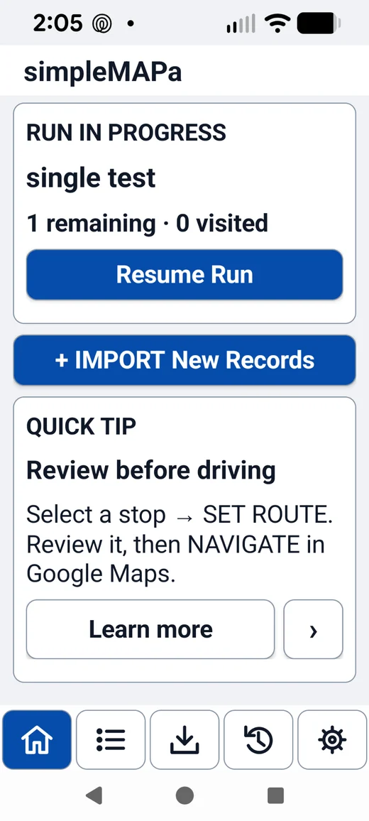 Actual simpleMAPa home screen showing a run in progress, Import New Records, and a quick tip