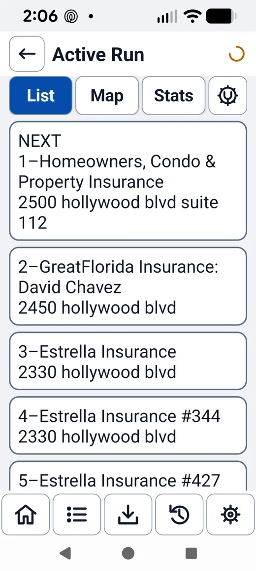 Actual Active Run list with the next stop and address cards