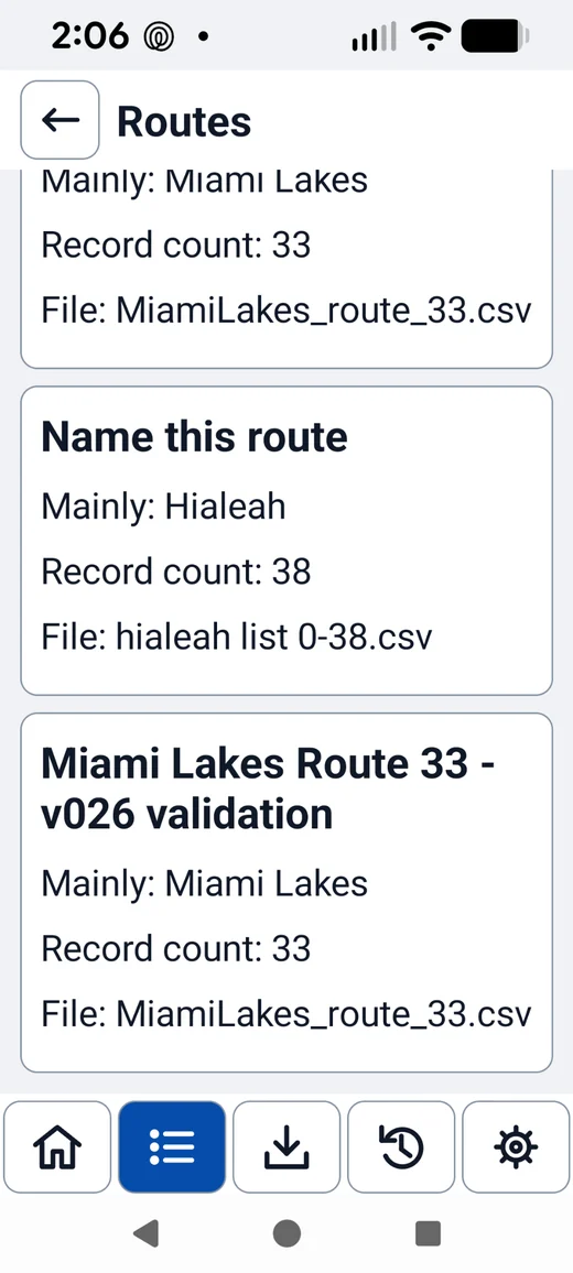 Actual Routes screen showing route cards and record counts